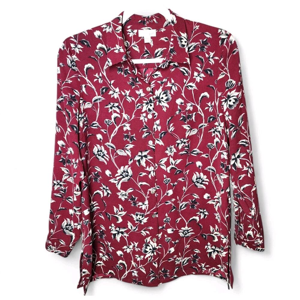 J.Jill Burgundy Blouse Floral Print Button Down Shirt Tunic Womens Small Petite